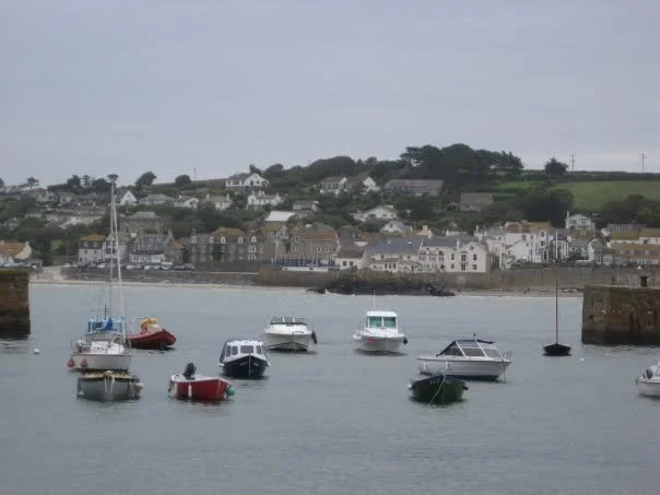 Boats anchored in a harbor with a coastal village and hillside homes in the background.