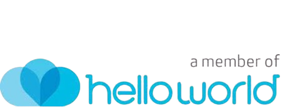 Hello World logo with a blue cloud and the text 'a member of hello world'