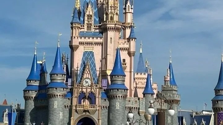 The image shows Cinderella Castle at Disney theme park, featuring pink walls and blue roofs with tall, pointed turrets under a partly cloudy sky.