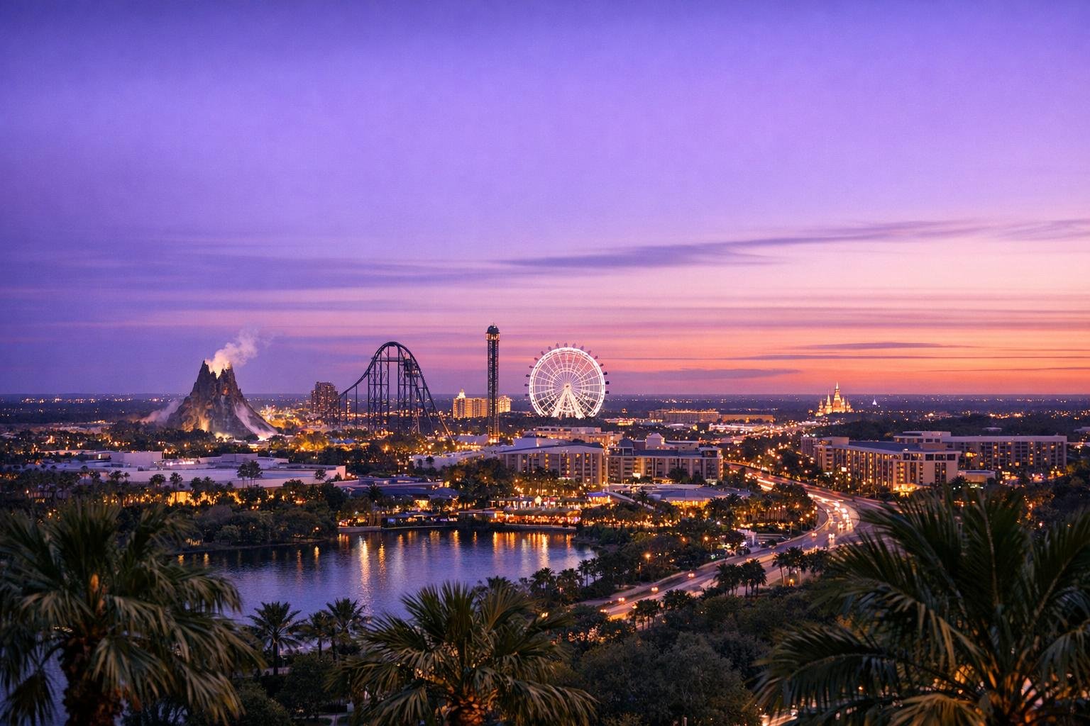 Night view of a cityscape at sunset with a roller coaster, Ferris wheel, volcano replica, and skyline with illuminated buildings, palm trees in the foreground, water, and a colorful sky with purple and pink hues.