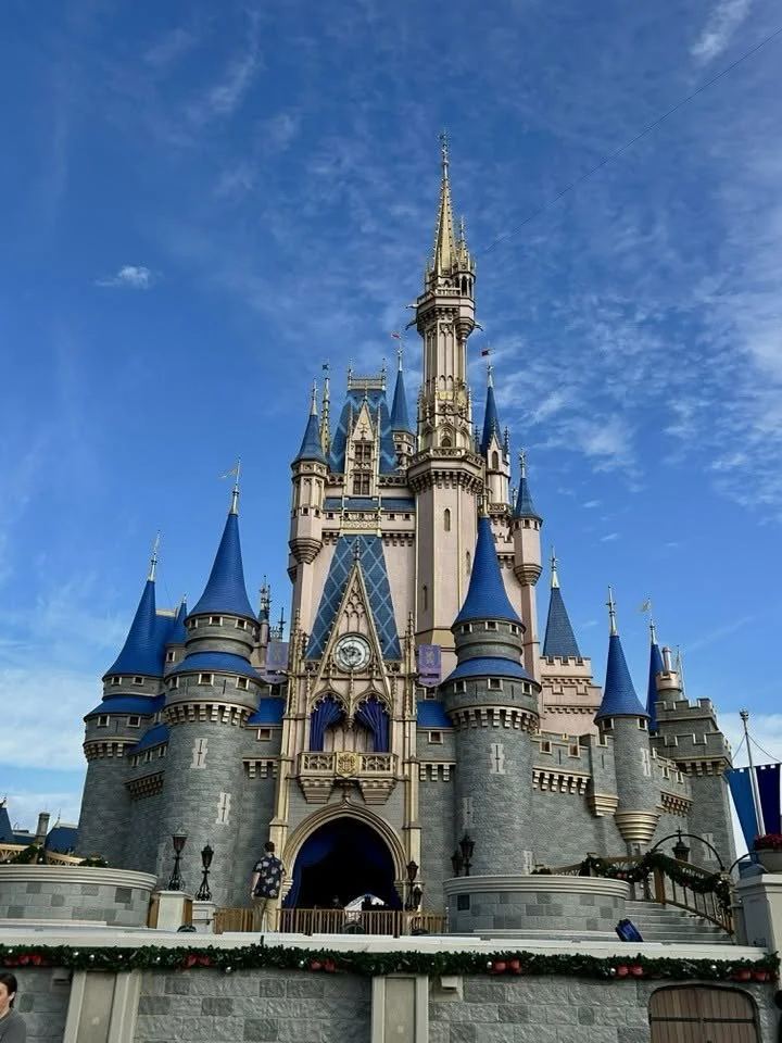 Disney castle with blue towers under a partly cloudy sky.