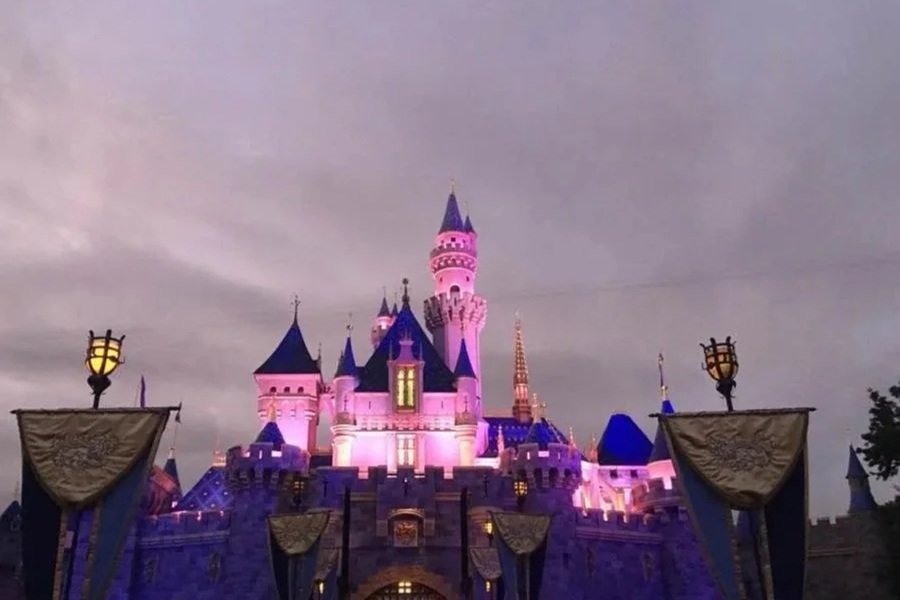 Disney castle illuminated with purple and pink lights at night.