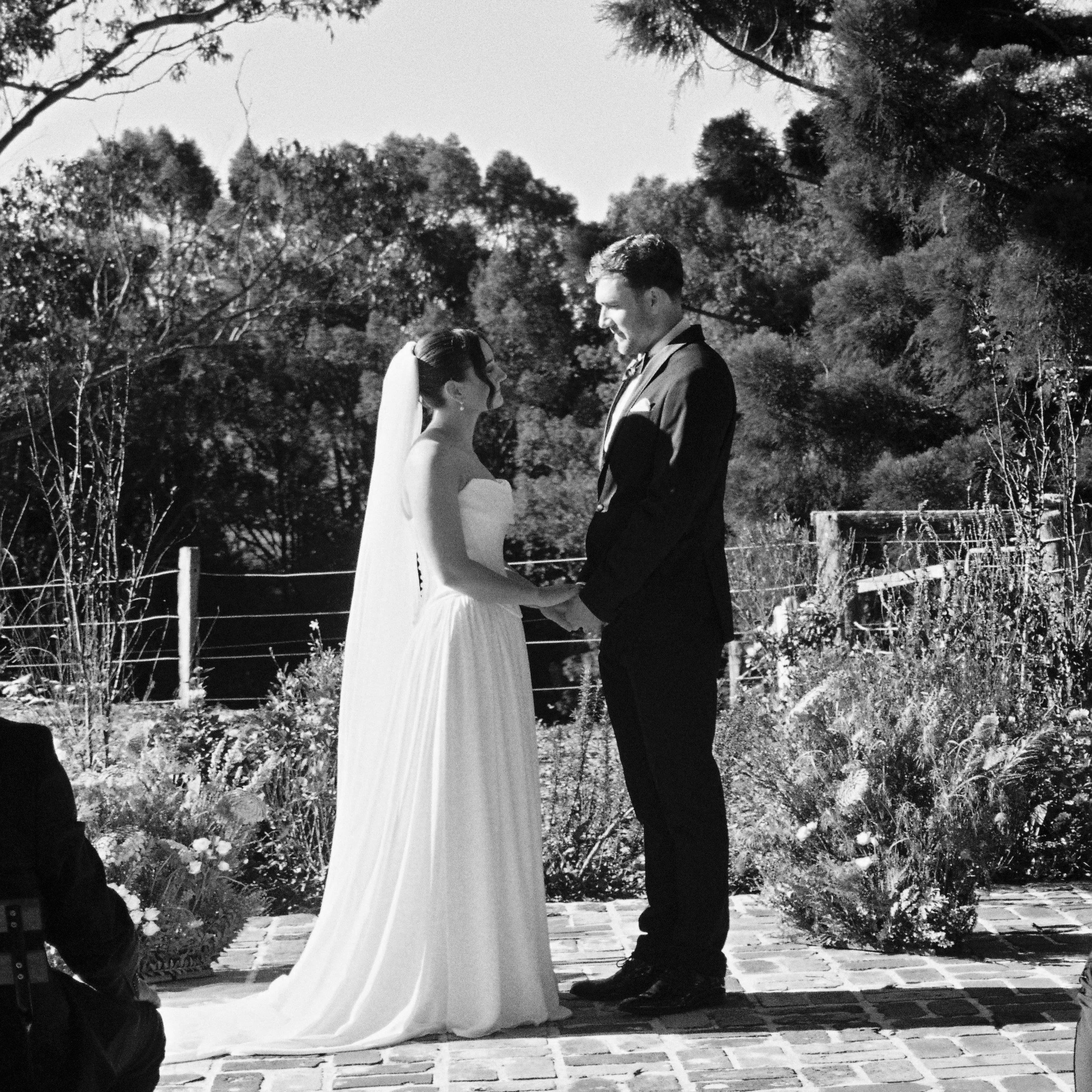 A black and white photo of a bride and groom standing face to face outdoors surrounded by trees, with the bride in a white dress and veil, and the groom in a suit, holding hands.