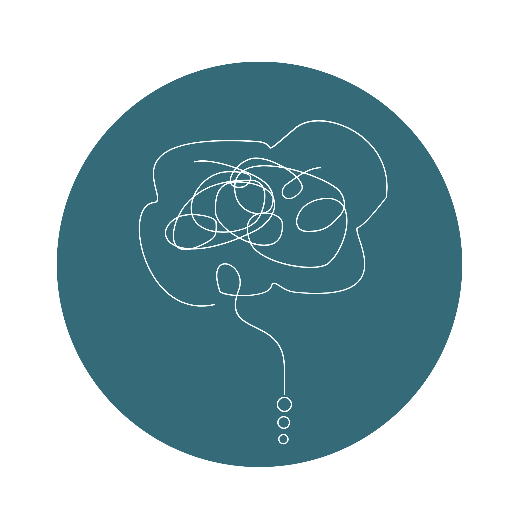 Digital illustration of a human head silhouette with tangled lines inside, connected to a thought or speech bubble.