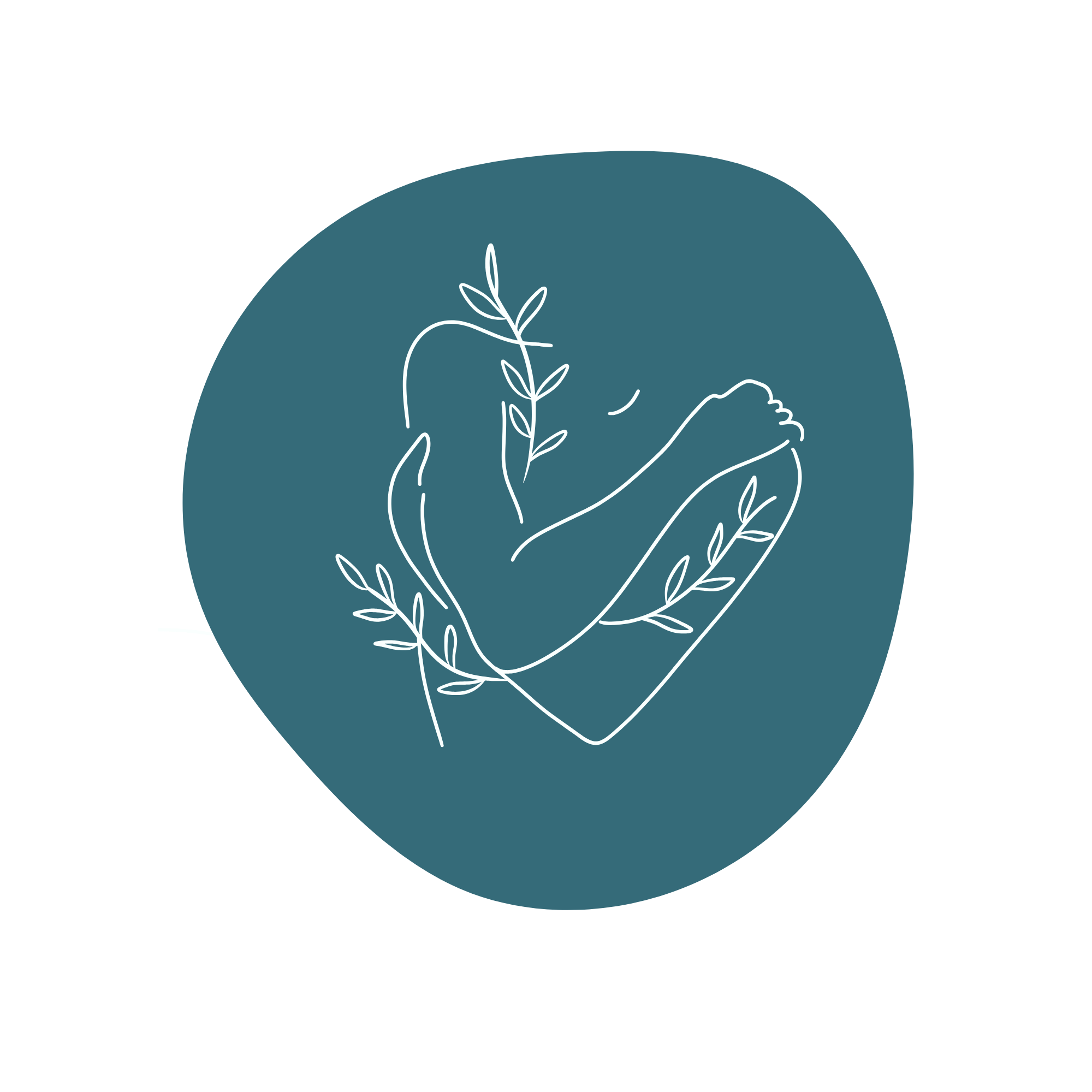 Minimalist line drawing of a person holding a plant, set against a blue circular background.