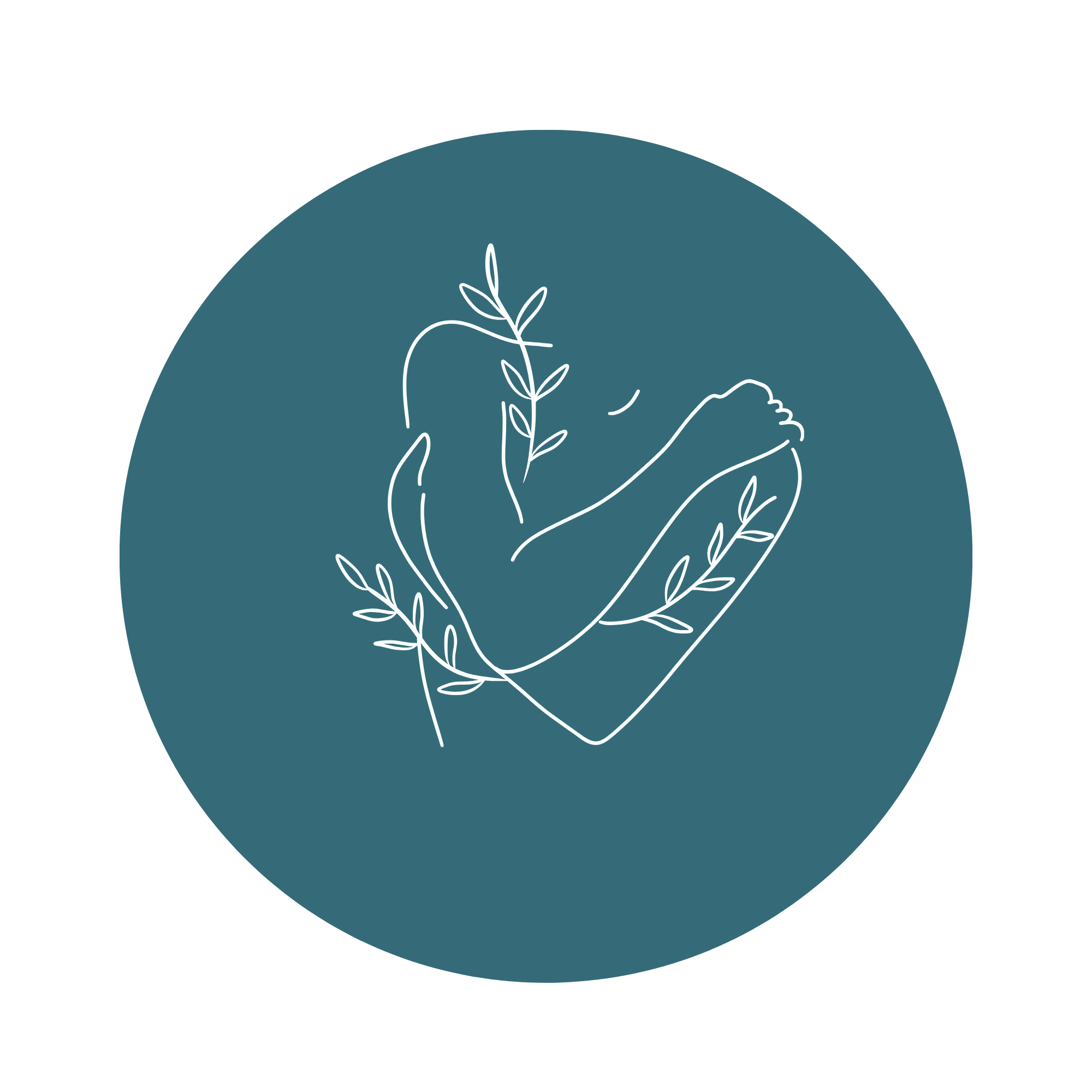 Line drawing of a woman cradling a baby encircled by a laurel wreath, set against a teal circular background.