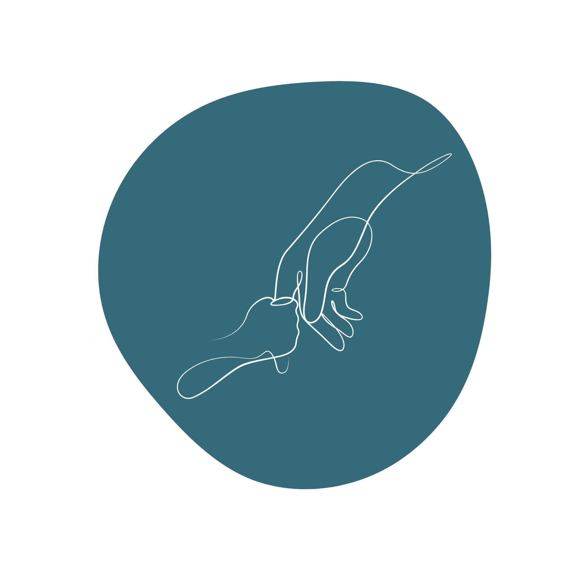 Line art of two hands gently holding each other, set against a large blue circle.