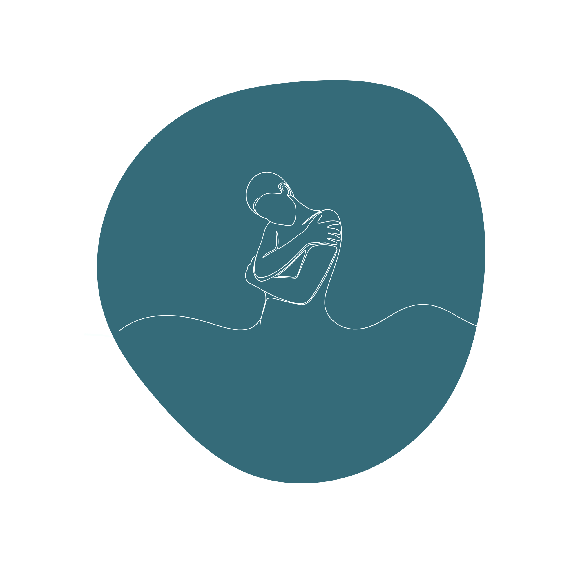 Stylized outline of a person with crossed arms embracing themselves, set against a dark teal circle and black background, symbolizing self-care or introspection.