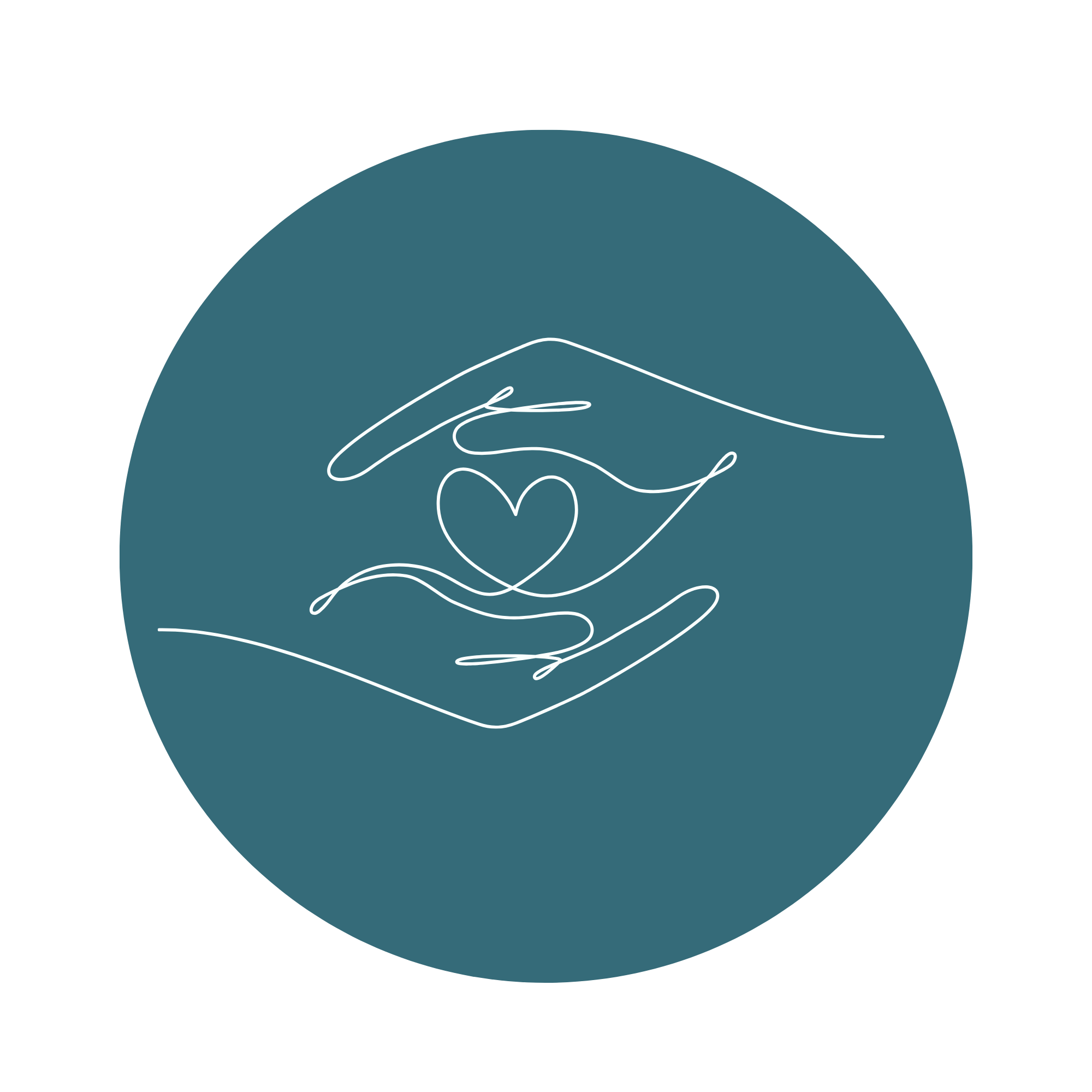 Line art of hands holding a heart within a circular design, with text below