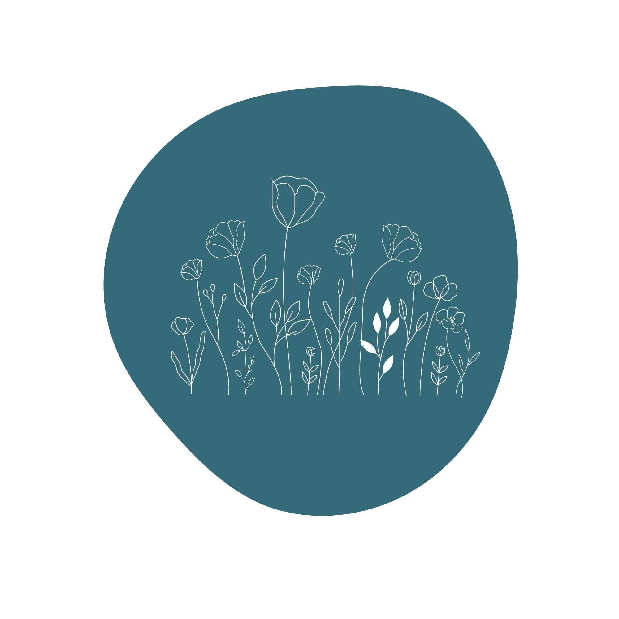 A circular illustration of various plants with blossoms, enclosed in a teal circle with a black background.