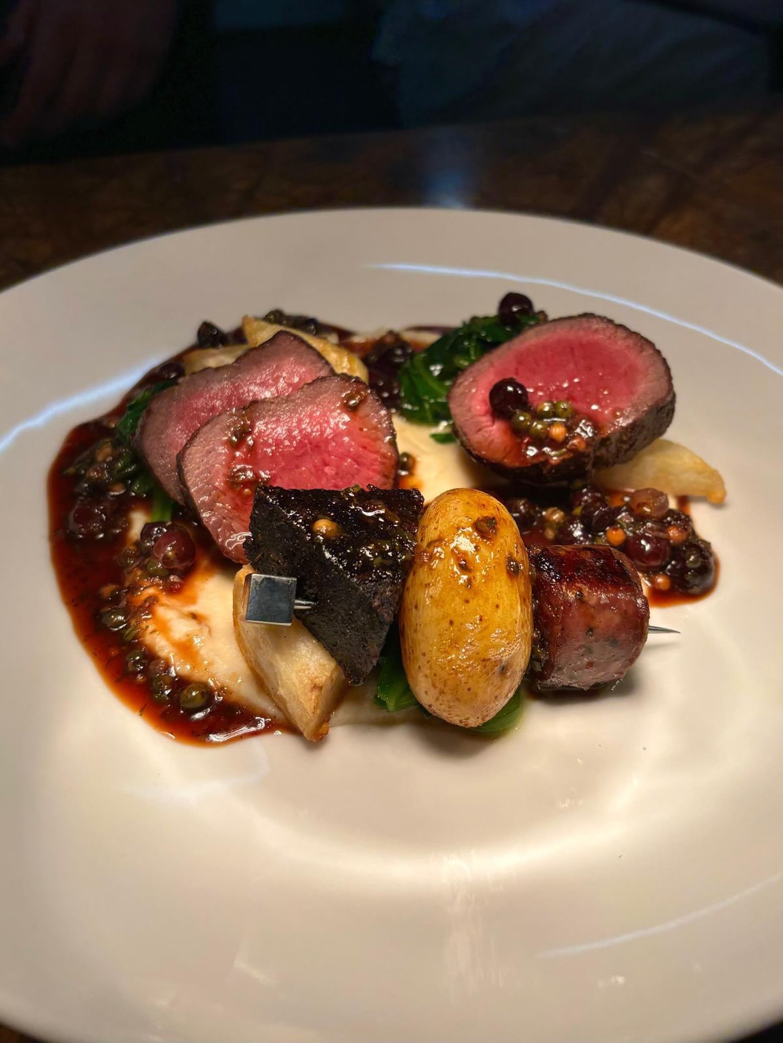 Our autumn menu has launched and our salt-aged venison loin is already proving popular. Served with black pudding, venison sausage and smoked confit potato, spinach, celeriac with a pickled blackcurrant and green peppercorn sauce. A rich and comforti
