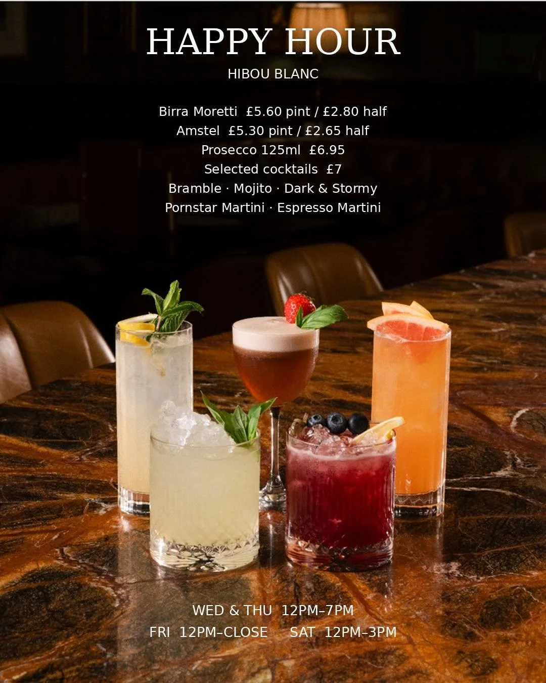 A little Happy Hour reminder! 🍸🥂

It&rsquo;s the weekend 🔥

Join us for &pound;7 cocktails, plus offers on beers and Prosecco.

Wednesday &amp; Thursday | 12pm&ndash;7pm
Friday | 12pm&ndash;close
Saturday | 12pm&ndash;3pm

The perfect excuse to wo