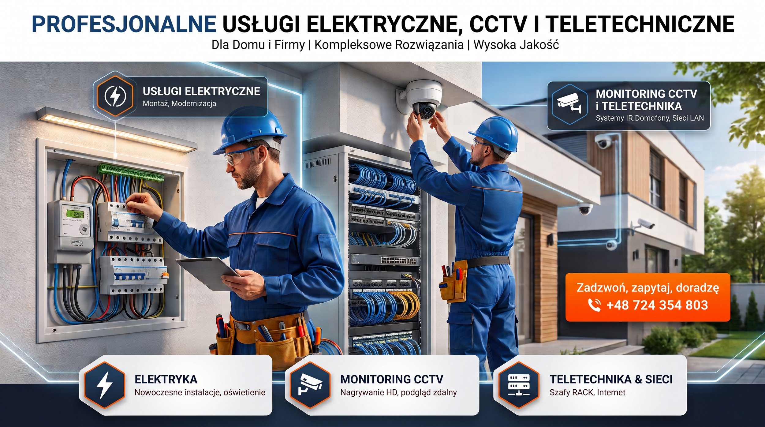 Two technicians in blue uniforms and safety helmets working on electrical and security systems outside a modern building. One is installing or inspecting an electrical panel, while the other is mounting a security camera on the building's corner.