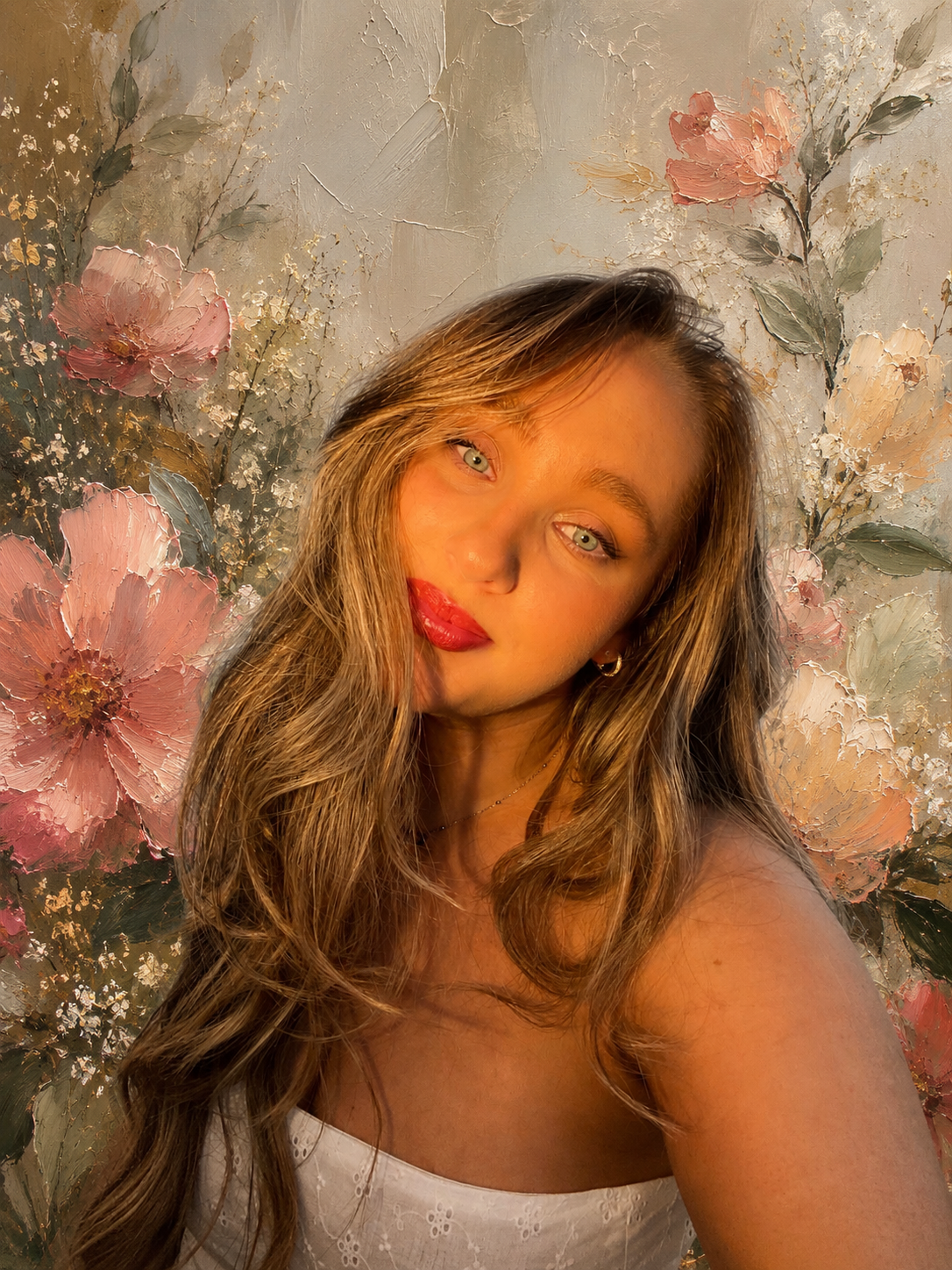 A woman with long, wavy hair taking a selfie in front of a textured floral painting background.
