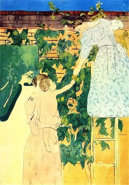 A woman in a white dress is hanging laundry on a clothesline, while a child reaches up to help. They are outside in a backyard with a brick wall, green leaves, and a blue sky.