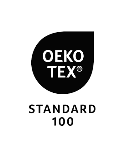 OEKO-TEX Standard 100-Logo, schwarzer Kreis mit weißen Buchstaben, auf weißem Hintergrund.