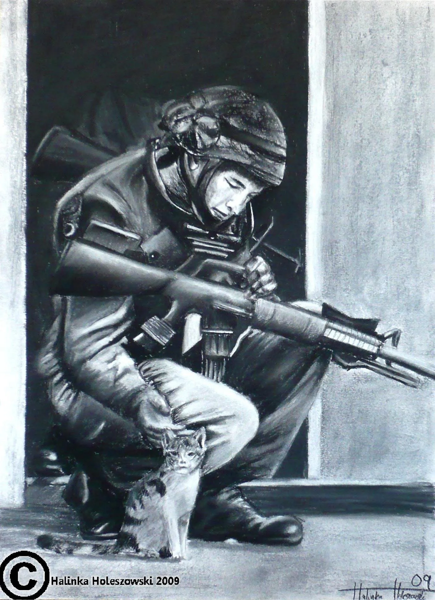 A black and white drawing of a soldier in uniform, sitting and petting a dog. The soldier appears to be wearing a helmet and holding a rifle, with a somber facial expression.