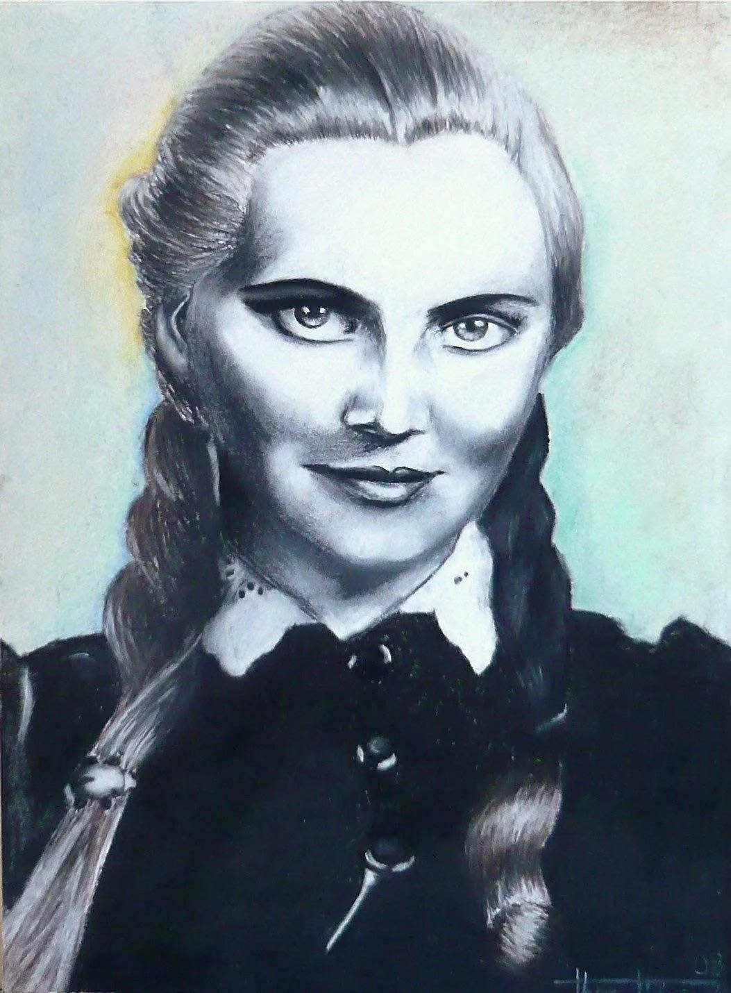 Black and white portrait sketch of a woman with light-colored eyes, long braided hair, wearing a collared shirt and rich dark jacket.