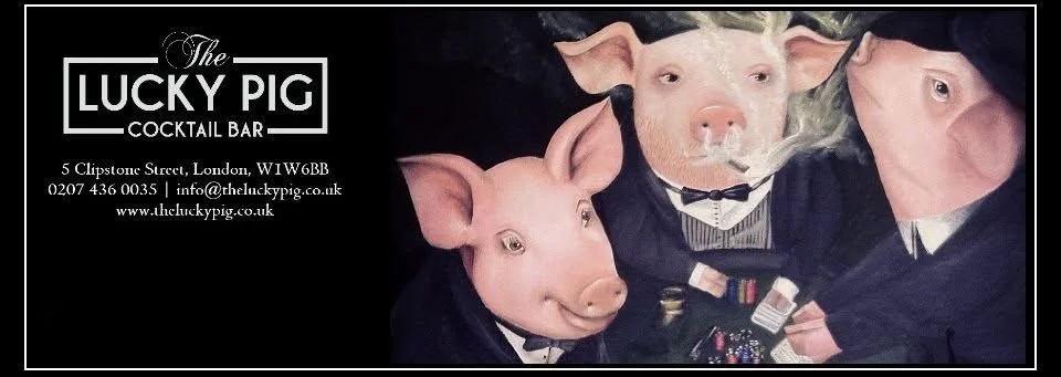 Illustration of three pigs dressed in tuxedos at a bar, with a black background and the logo for The Lucky Pig Cocktail Bar including address and contact information.