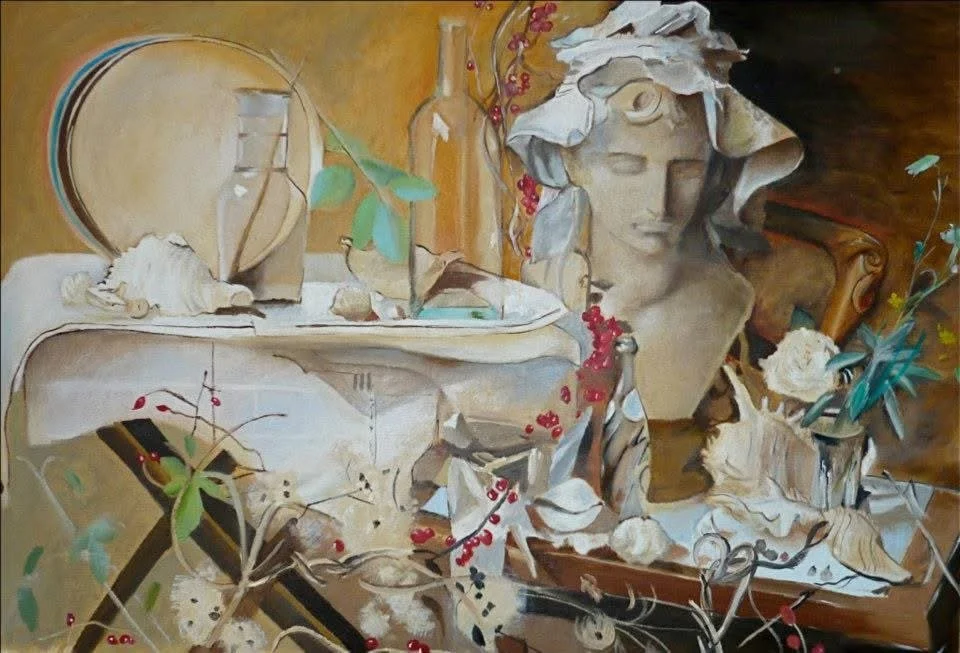 A still life painting featuring a sculpted female bust, a table with various objects including a vase, flowers, and papers, surrounded by abstract and natural elements.