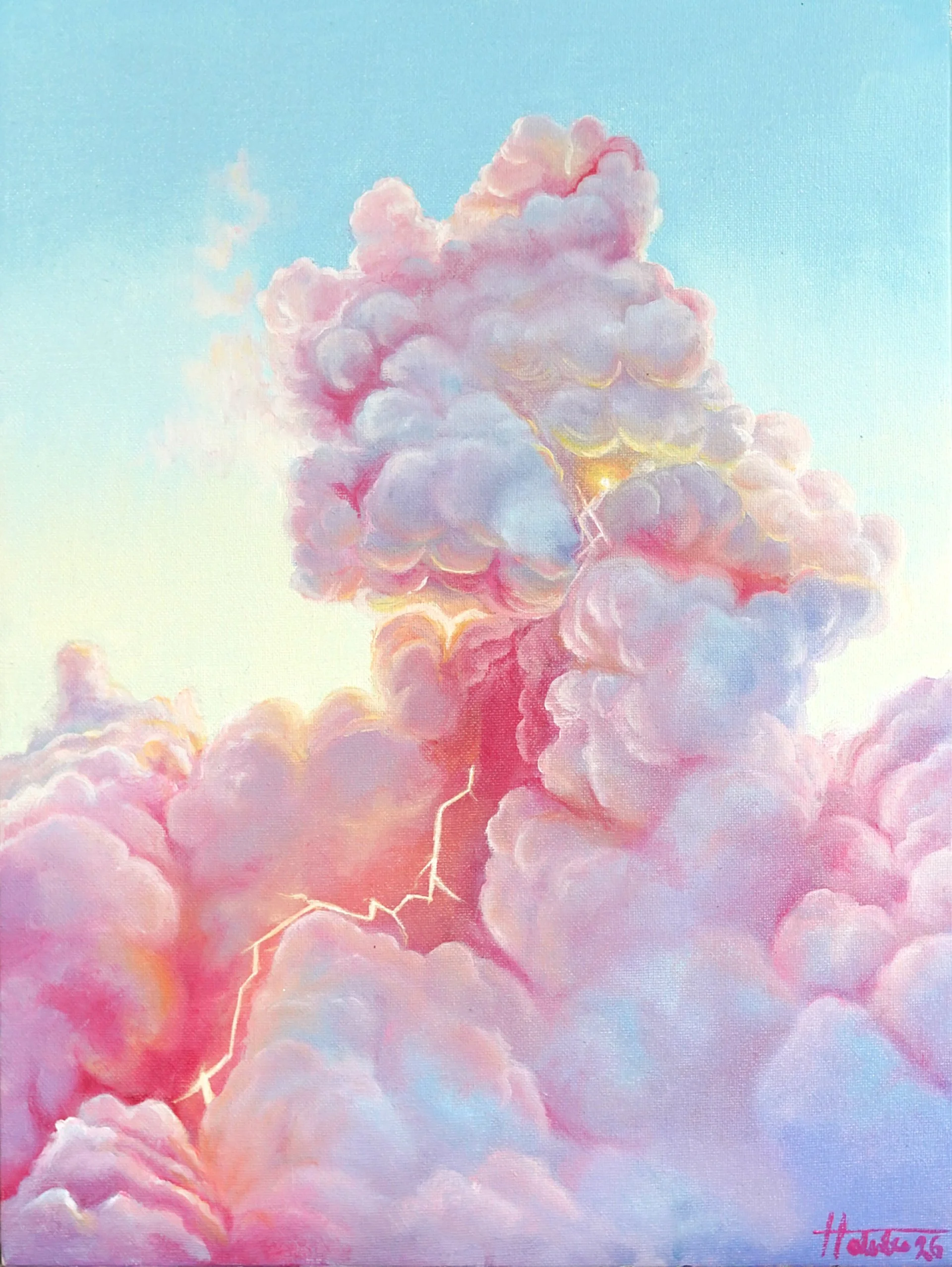 A painting of pink and purple clouds in a soft pastel sky with a lightning bolt striking through the clouds, signed with the artist's signature in the bottom right corner.