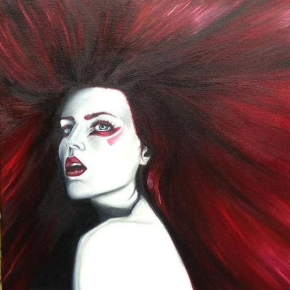A portrait of a woman with pale skin, striking makeup, and vibrant red hair spread out around her head.