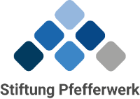 Logo der Stiftung Pfefferwerk mit blauen und grauen Quadraten