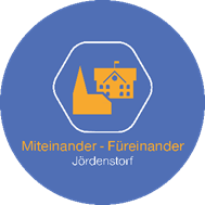 Logo mit Haus, Kräne und Text 'Miteinander - Fürinander Jördenstorf' auf blauem Hintergrund