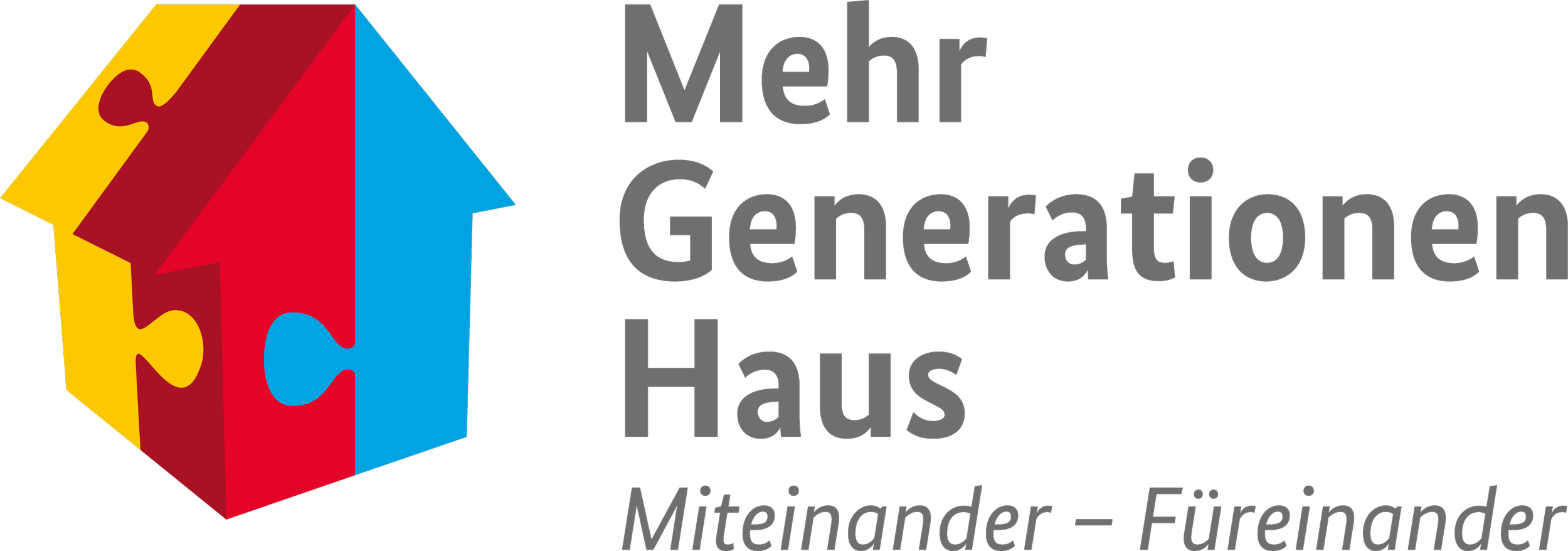 Logo des Mehrgenerationenhauses mit Puzzleteilen in gelb, rot und blau, die ein Haus bilden, und dem Text "Mehr Generations Haus Miteinander - Füreinander".