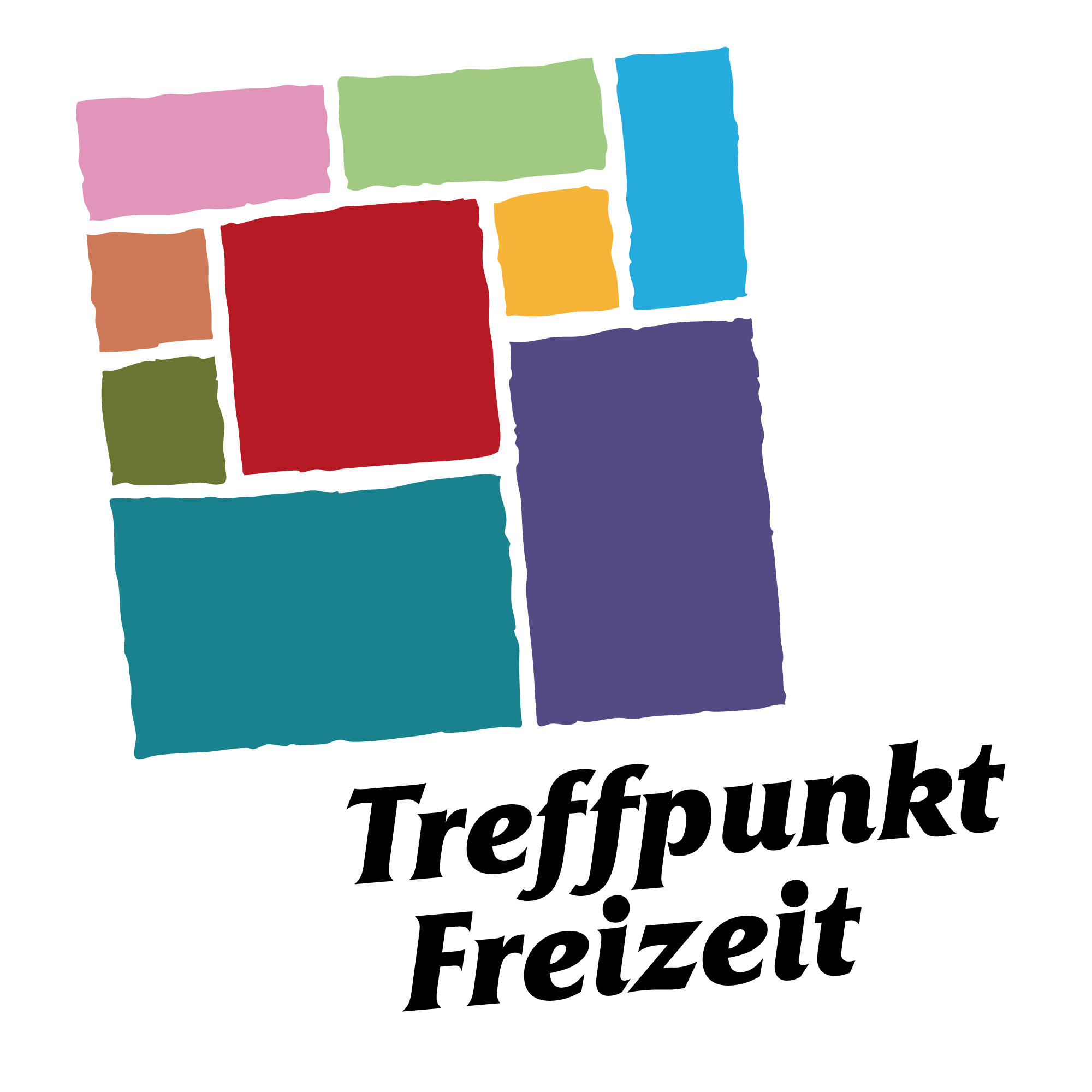ein abstraktes Kunstwerk mit bunten, unregelmäßig geformten Flächen in rosa, grün, blau, rot, orange, lila, braun und türkis, umrandet von einer schwarzen Linie.