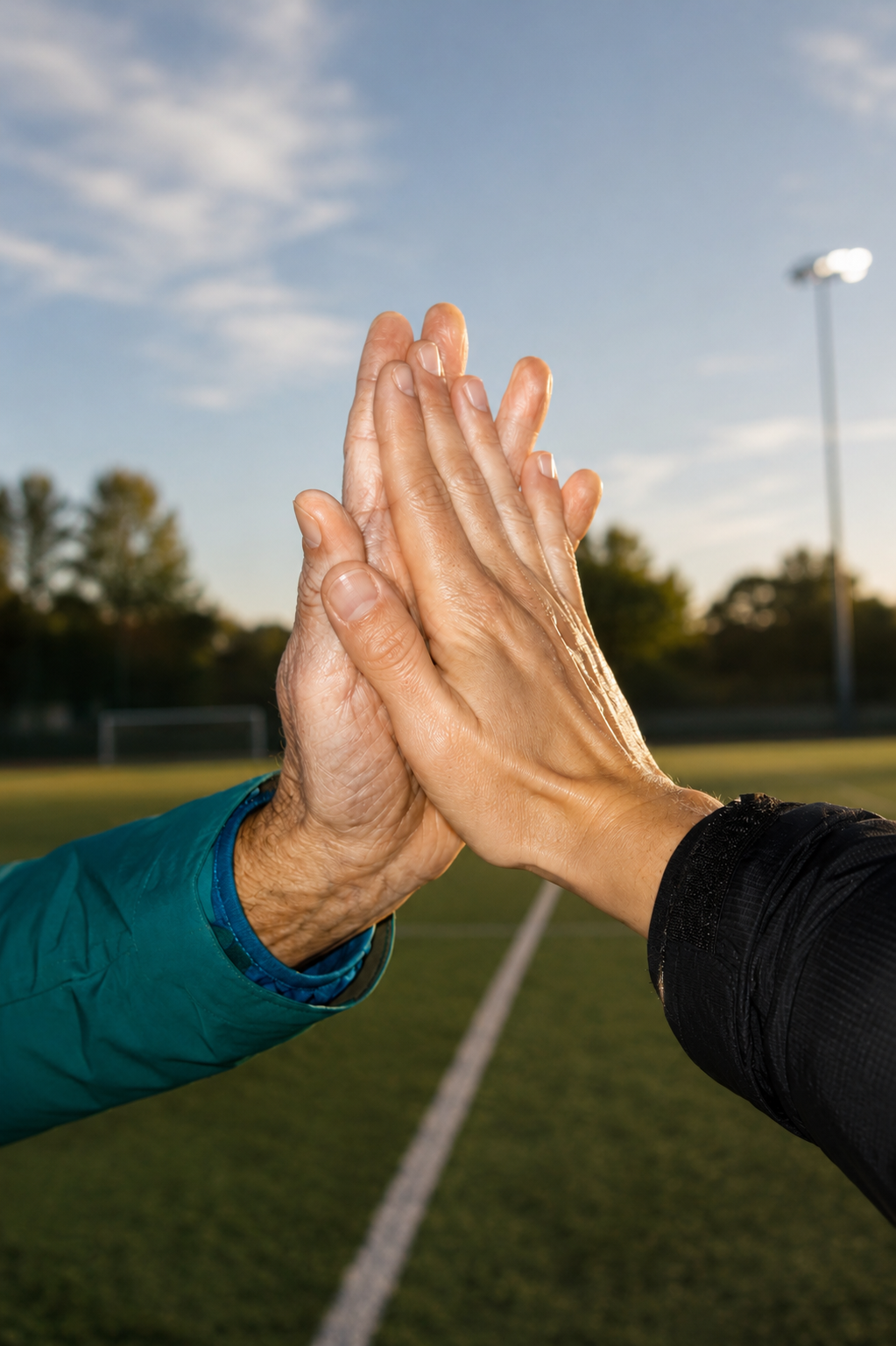 Zwei Menschen geben sich abends auf einem Sportplatz die Hand zum High-Five.