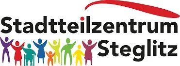 Logo des Stadtteilzentrums Steglitz mit bunten, stilisierten Menschen und dem Text 'Stadtteilzentrum Steglitz'.