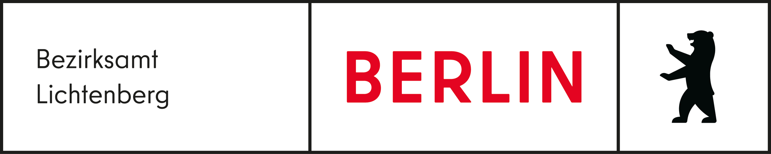 Logo mit schwarzem Text 'Bezirksamt Lichtenberg', rotem Schriftzug 'BERLIN' in der Mitte und einer schwarzen Bärenfigur rechts.