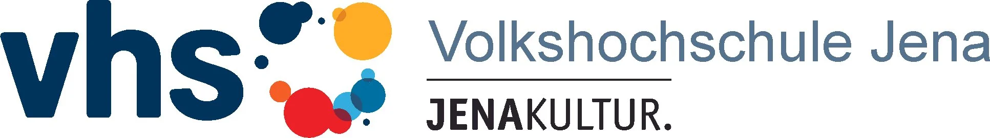 Logo der Volkshochschule Jena mit bunten Kreisen und Text.