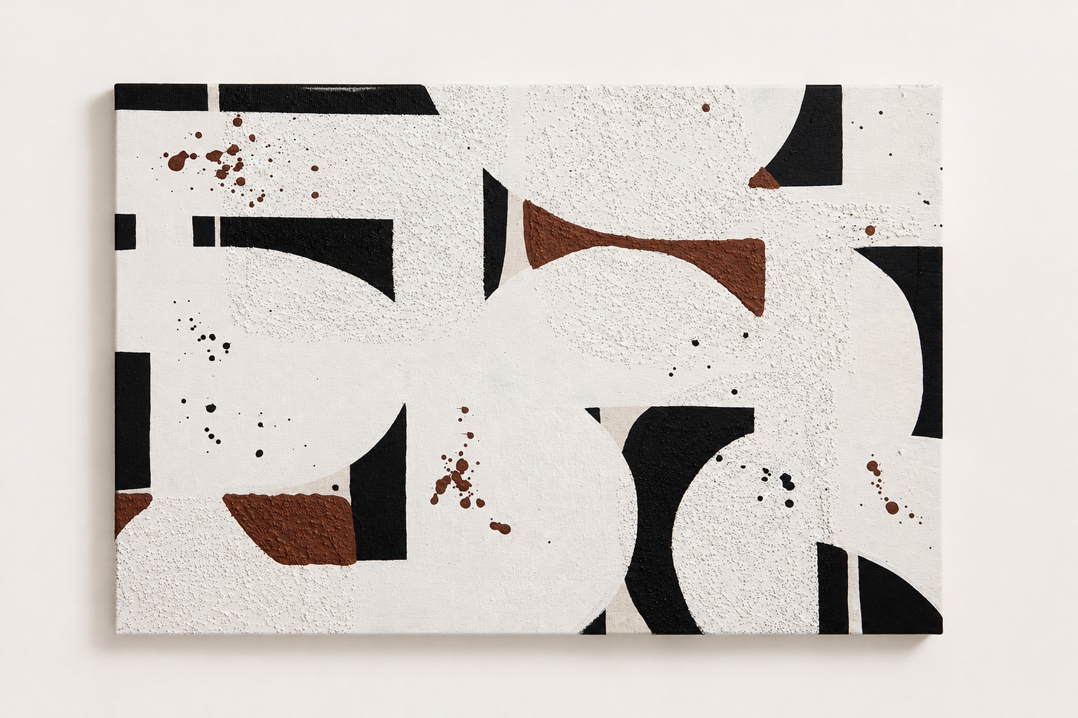 Abstract geometric painting with black, white, and brown shapes, some with textured surfaces, on a white background
