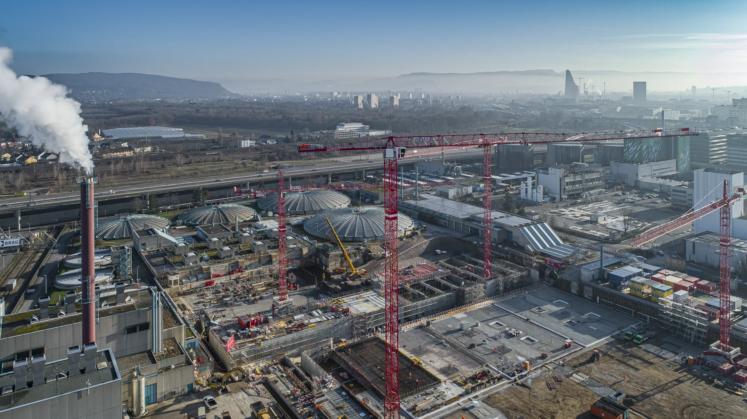 Drohnenfoto, Baustelle Erneuerung Abwasserreinigungsanlage ARA Basel, 2019–2026
