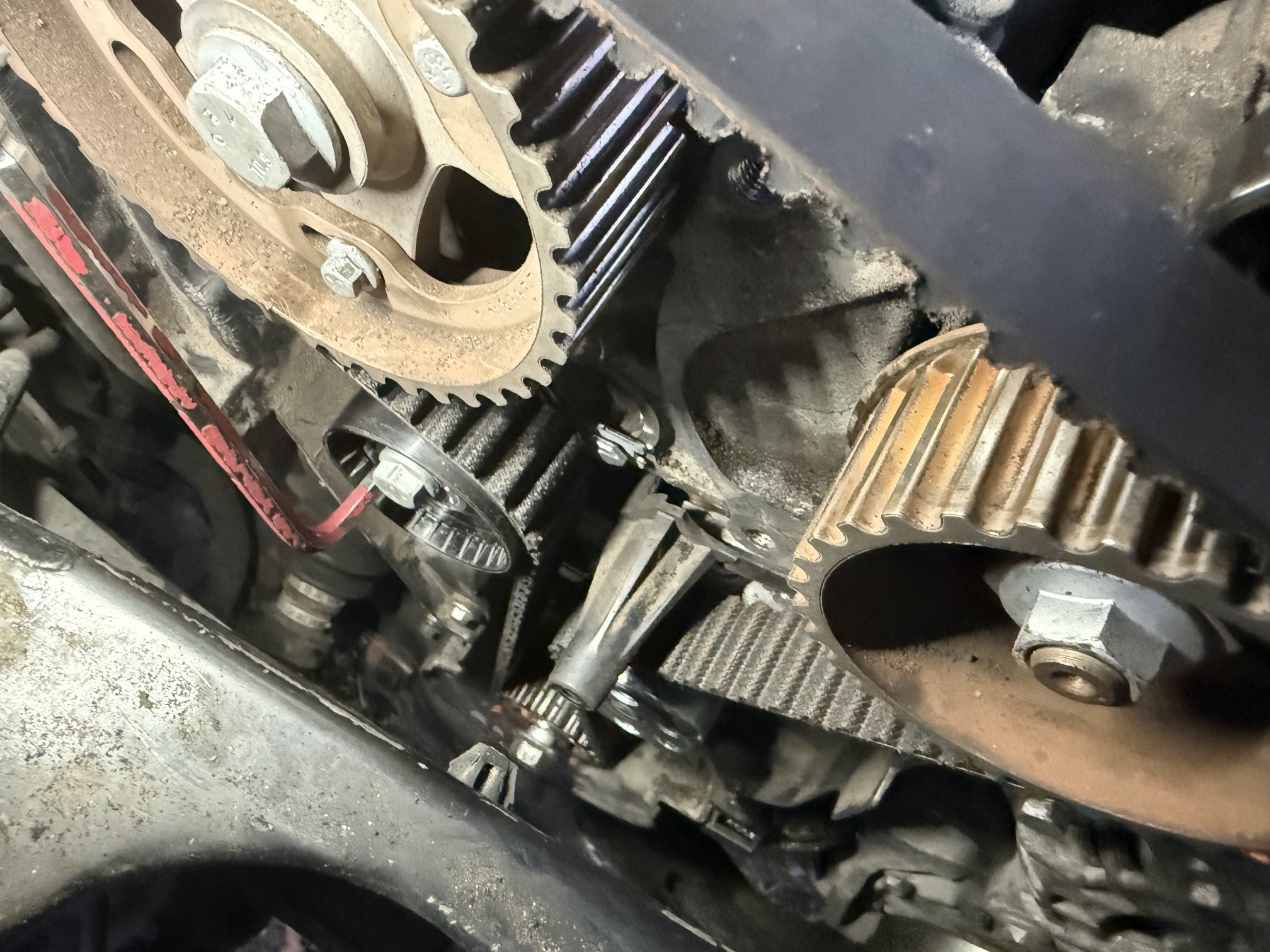Close-up view of a car engine showing gears, timing chain, and engine components with some dirt and wear.