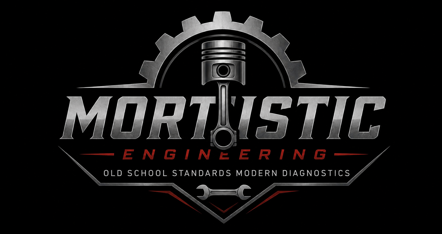Logo for Mortustic Engineering with a metallic gear, piston, and wrench, and the tagline 'Old School Standards Modern Diagnostics'.