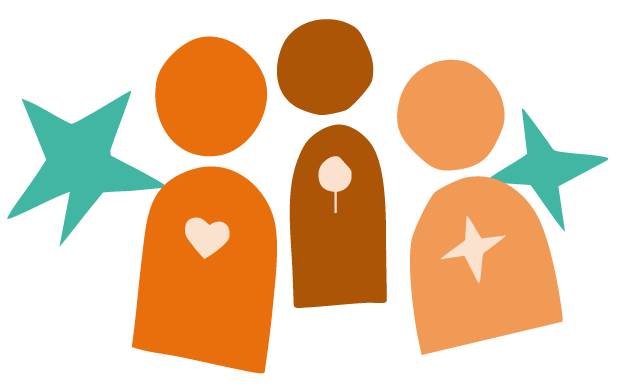 Three simple figures of different heights in orange, brown and light orange, each with a white mark on the chest, between two teal stars. Community ownership.