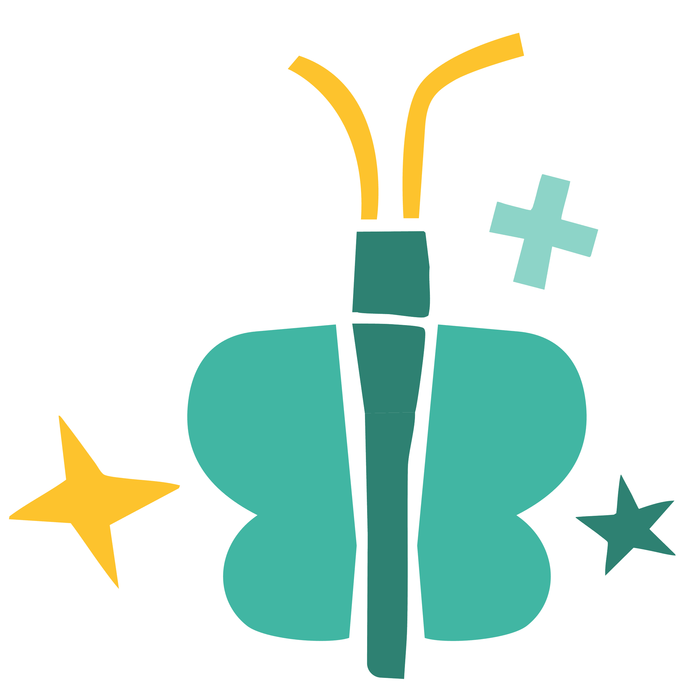 A teal butterfly with a tall darker body topped by curling yellow antennae, with a yellow and teal symbols.