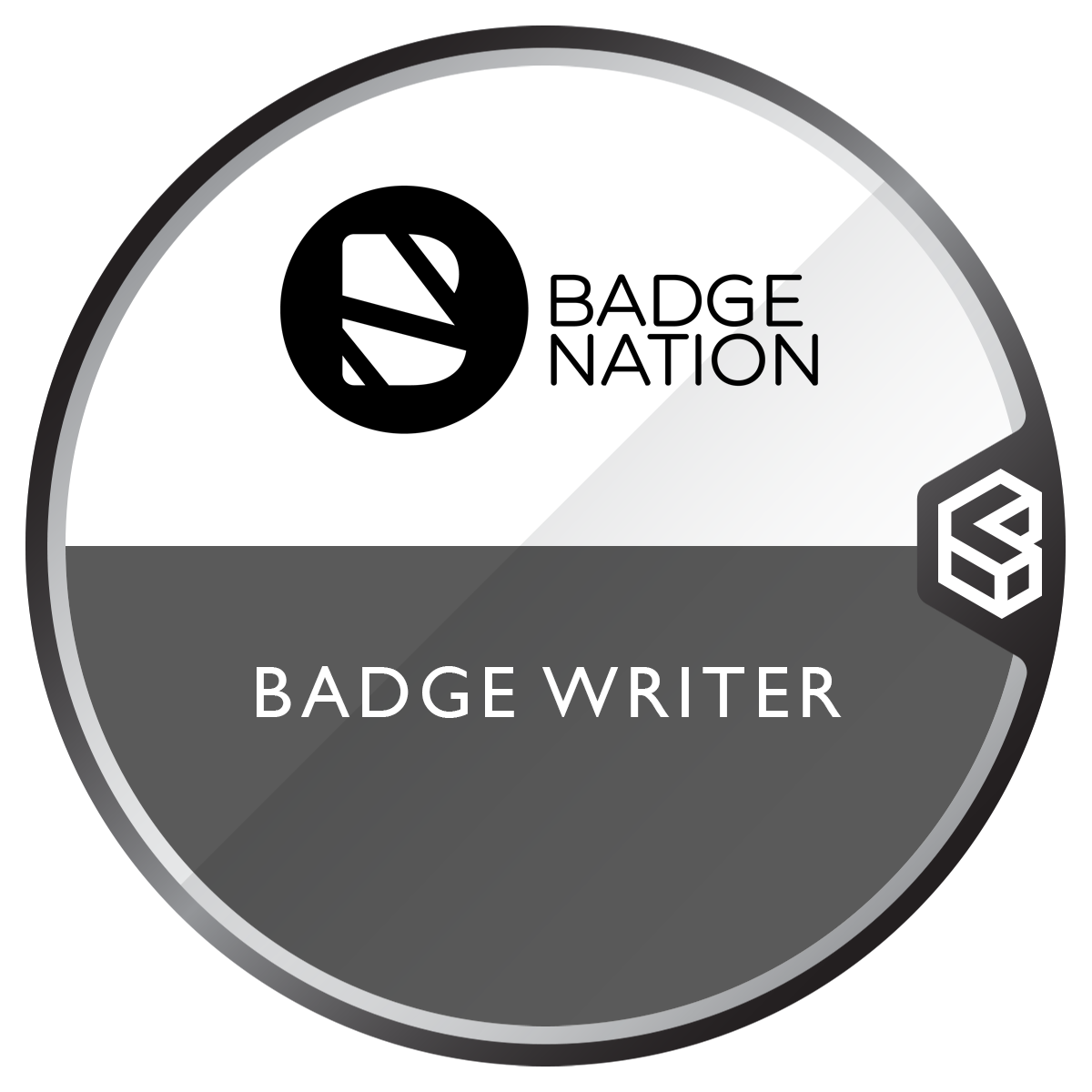 An grey and white badge with the Badge Nation logo on it and 'Badge Writer' text under that.