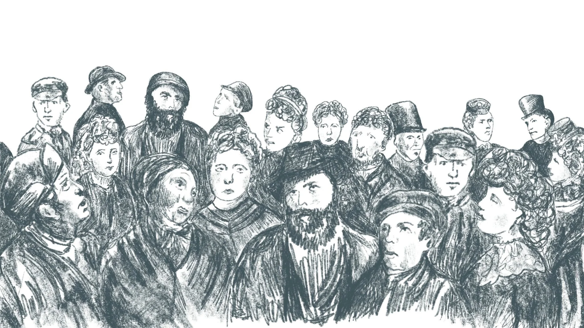 Pencil sketch of a crown of people depicted in clothes from the mid nineteenth century