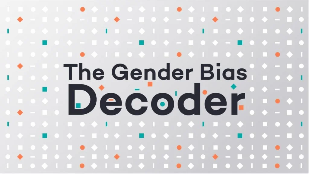 “The Gender Bias Decoder” title in dark text over a grey grid of white, orange and teal dots and shapes.