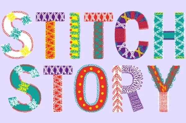 The words 'Stitch Story' are embroidered in large colourful, capital letters on a purple background.