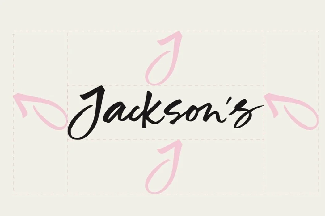 The word 'Jackson's' is written in black script on a cream background with 4 pink letter 'J's"' surrounding it.