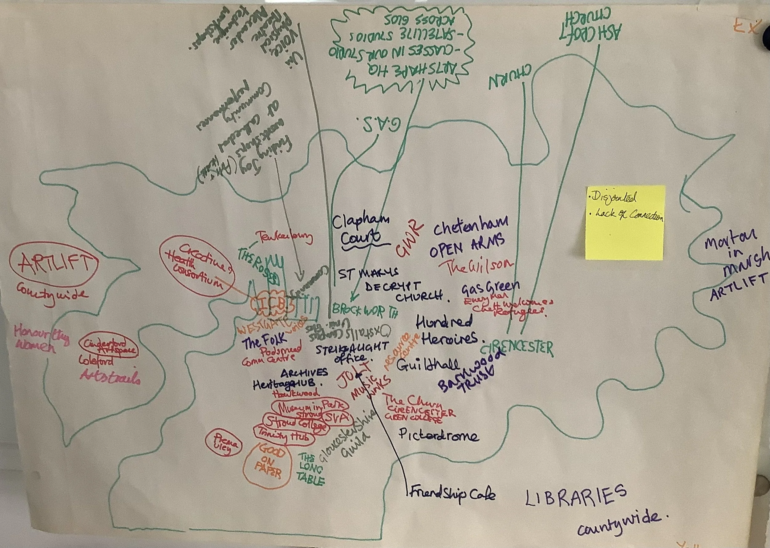 Hand drawn words showing arts organisations across Gloucestershire