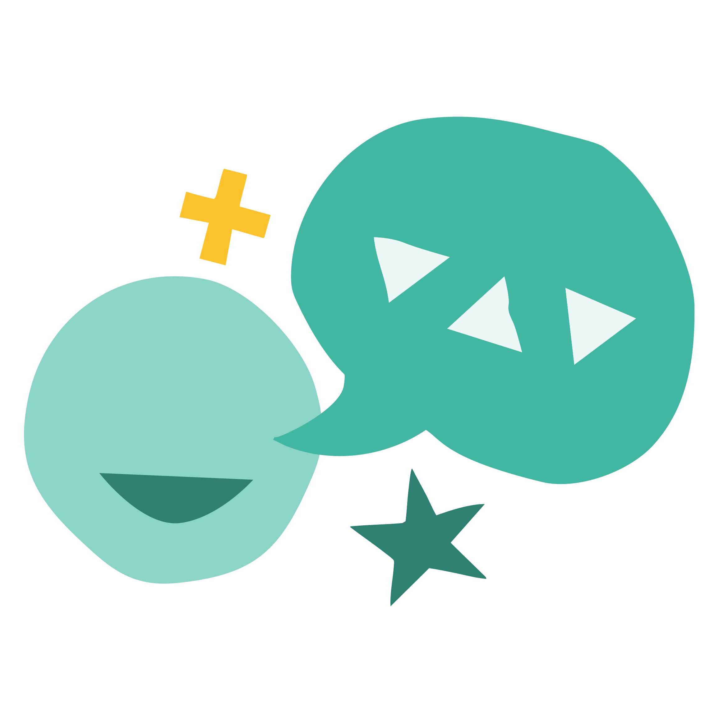 A smiling pale teal face and a teal speech bubble, with a yellow plus sign and a dark teal star, on a transparent background.