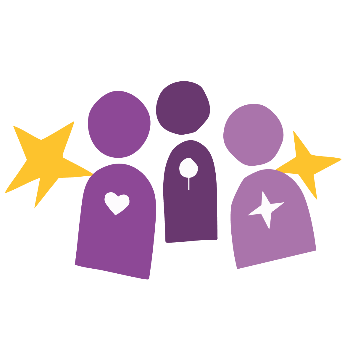 Three simple figures in purple, dark purple and light purple, with a white symbol on each chest.
