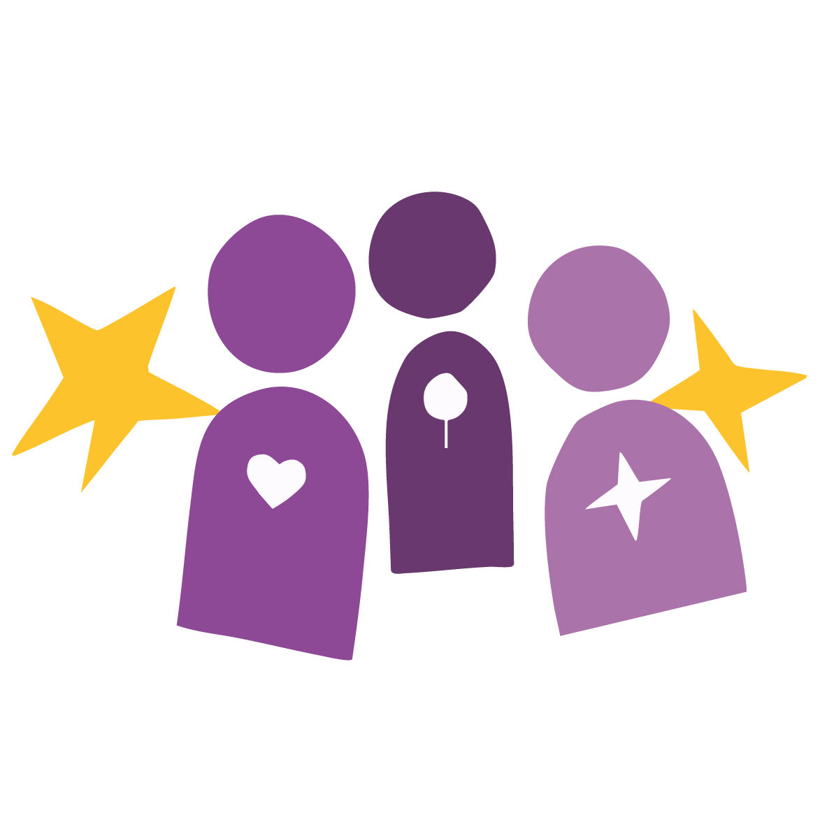 Three simple figures in purple, dark purple and light purple, with a white symbol on each chest.