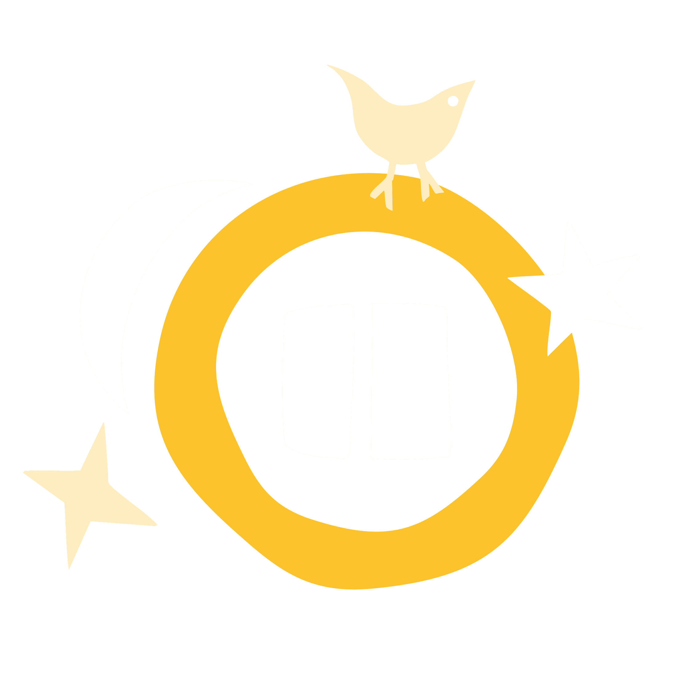 A yellow ring with two white pause bars inside and a small pale yellow bird on top, with a white crescent and two stars.